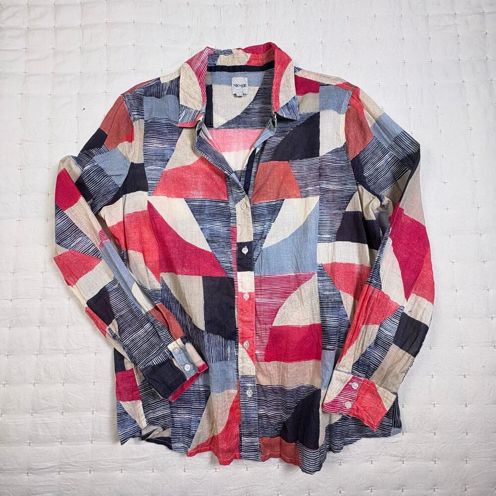 Nic + Zoe Geometric Print Cotton Button Up Shirt Women's M Patriotic Lightweight - Picture 4 of 13